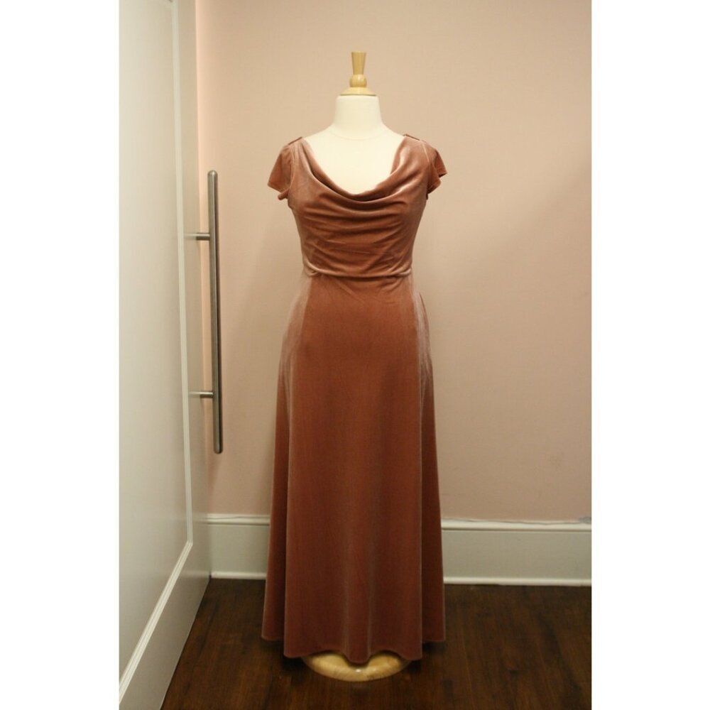 Dessy Long Tawny Rose Velvet Formal Bridesmaid Dress Pockets Cap Sleeve Cowl